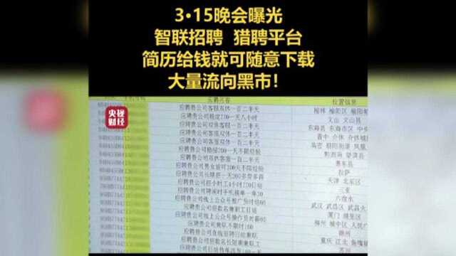 #315晚会曝光 智联招聘、猎聘平台简历给钱就可随意下载,大量流向黑