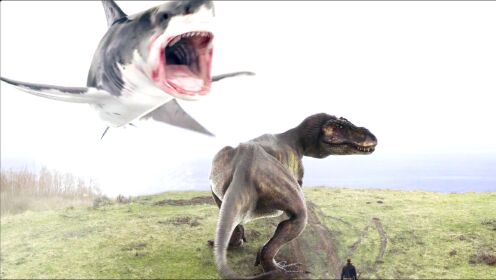 科幻片：远古鲨鱼大战霸王龙，霸王龙被秒杀，陆地生物还是嫩了点！