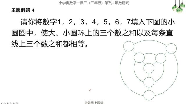 把17填入小圆圈内,使大小圆环以及每条直线三个数字之和都相等