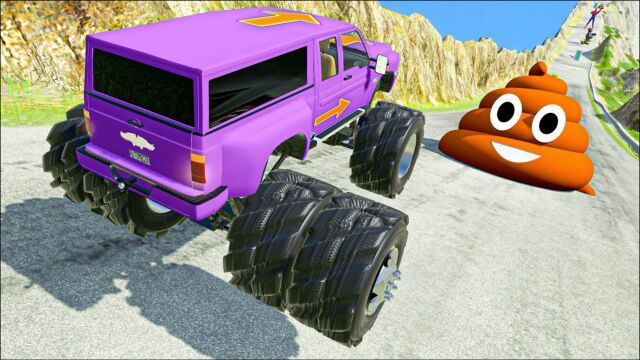 BeamNG:怪物大脚车开足马力从超长坡道上冲下去,特技画面好舒适