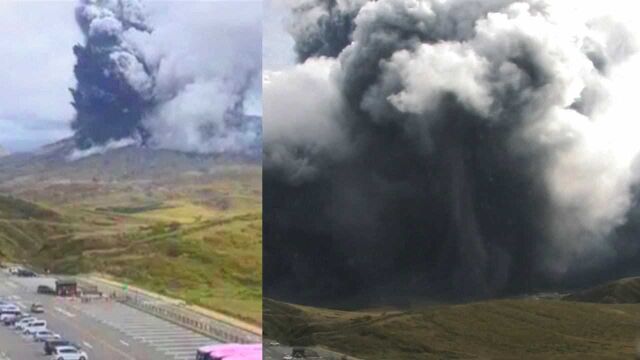 日本阿苏山火山喷发瞬间:火山渣及熔岩流飞溅,火山灰遮蔽天空