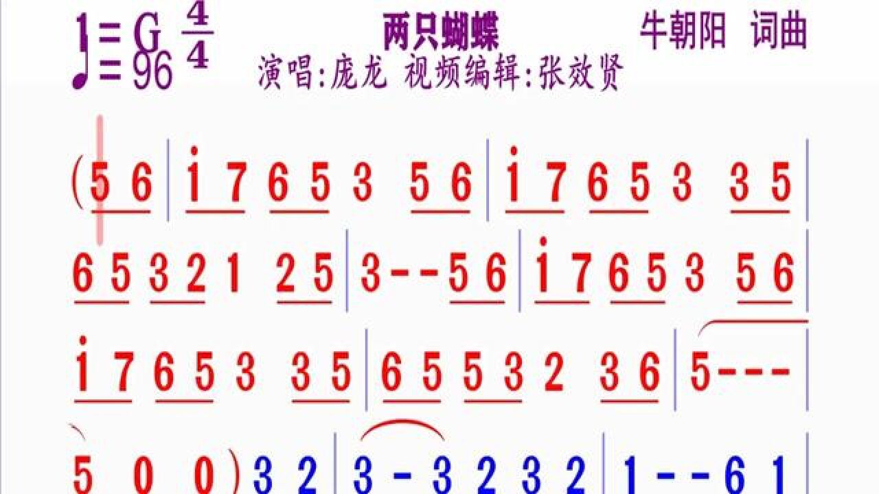 庞龙演唱的《两只蝴蝶》动态简谱#简谱视唱