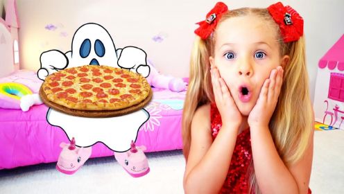 益智趣味儿童：戴安娜假装床底有怪物，一起分享美味披萨真有趣！