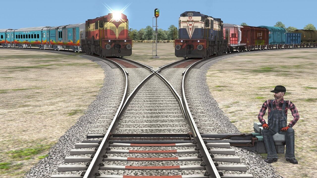 同一轨道上的两列柴油列车相互交叉,分叉铁路