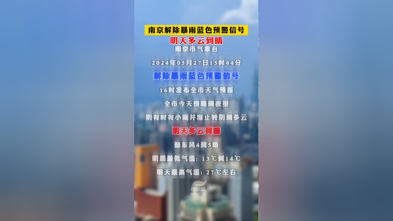 南京市气象台解除暴雨蓝色预警,明天多云到晴!