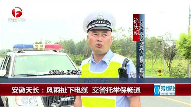 安徽天长:风雨扯下电缆 交警托举保畅通