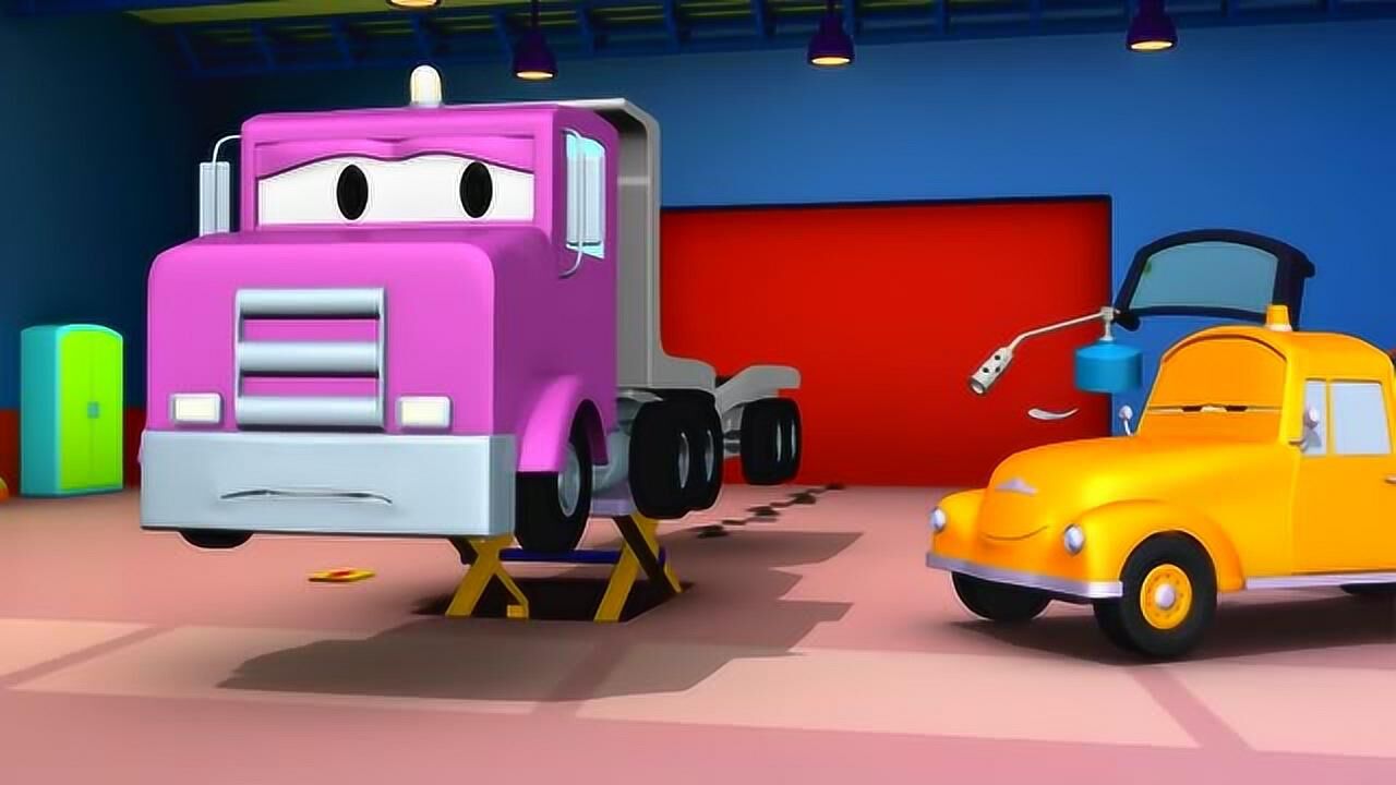 城市汽车救援队挖掘机与工程消防车动画