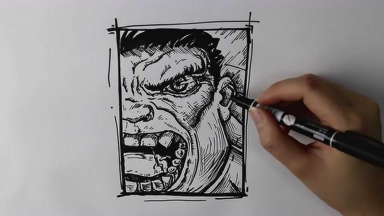 黑白线条 绿巨人浩克超级英雄美国动漫 手稿微手绘