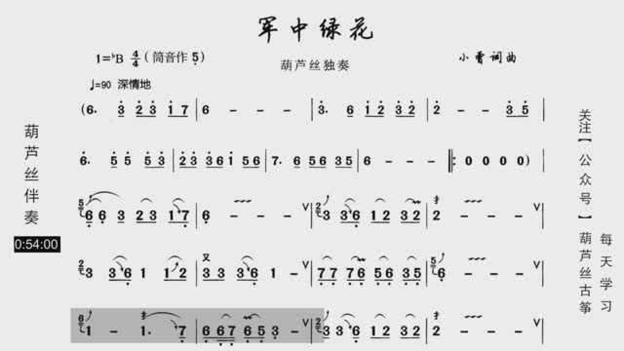 葫芦丝动态歌谱《军中绿花》伴奏