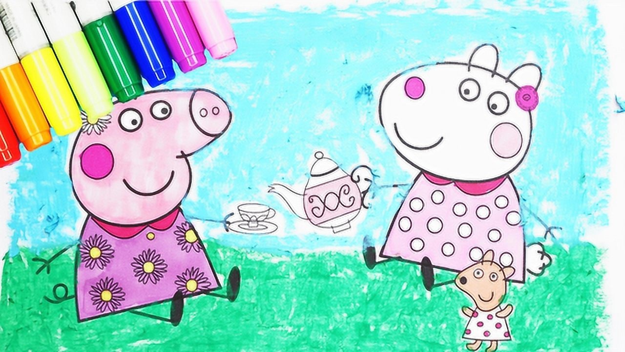小猪佩奇和小羊苏西一起在郊外野餐喝下午茶简笔画
