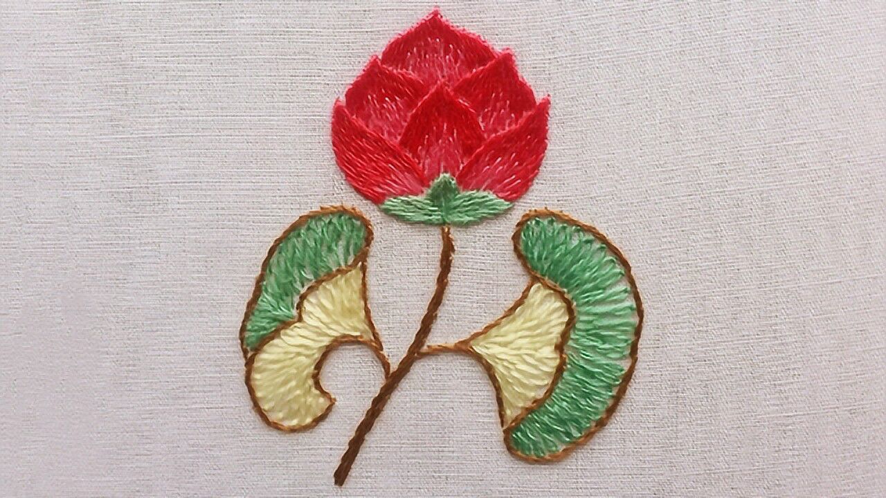 一股绣线刺绣敦煌图案小花,用扭转锁链绣完美表现叶子的纹路感