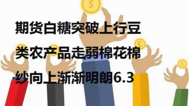 白糖突破上行豆类农产品走弱棉花棉纱向上渐渐明朗6.3