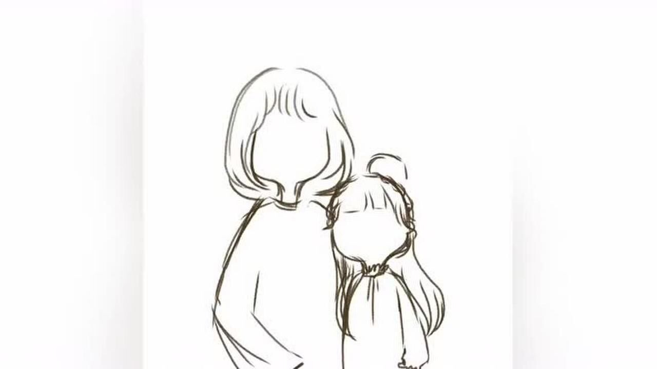 手绘头像温馨的母女俩还有可爱的小猫