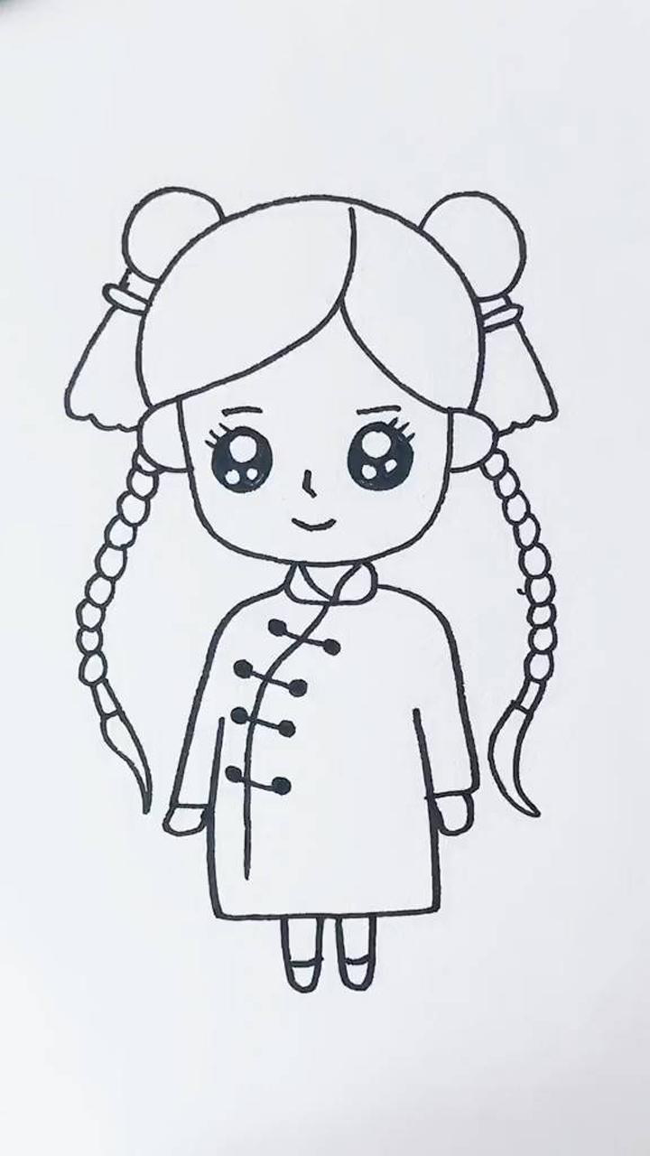 画中国旗袍小女孩 #简笔画 #人物线条画 #临摹_腾讯视频