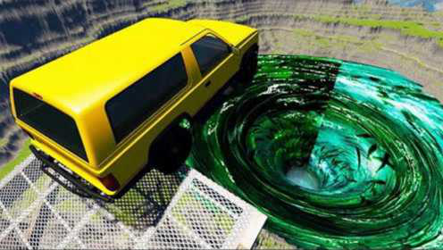 水泥搅拌车,越野车和校车加速飞跃冲向超大矿坑漩涡,车祸模拟器