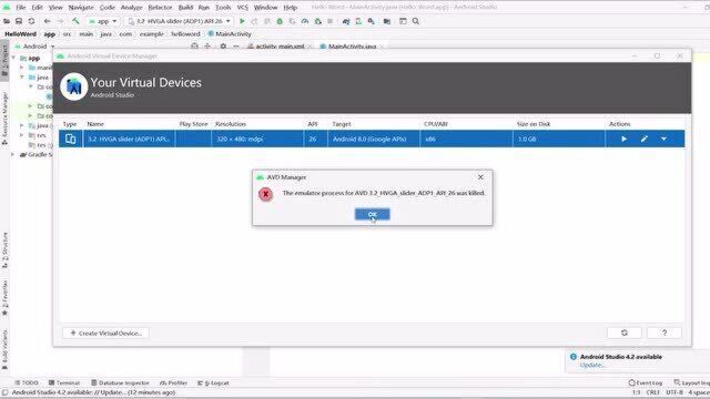The emulator process for AVD 3.2HVGAsliderADP126 was killed