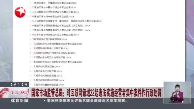 国家市场监管总局:对互联网领域22起违法实施经营者集中案件作行政处罚