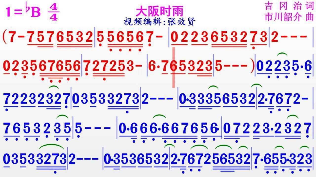 纯音乐《大阪时雨》的彩色动态简谱
