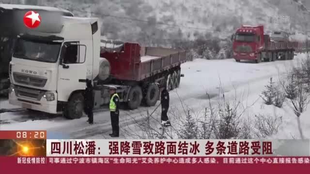 四川松潘:强降雪致路面结冰 多条道路受阻