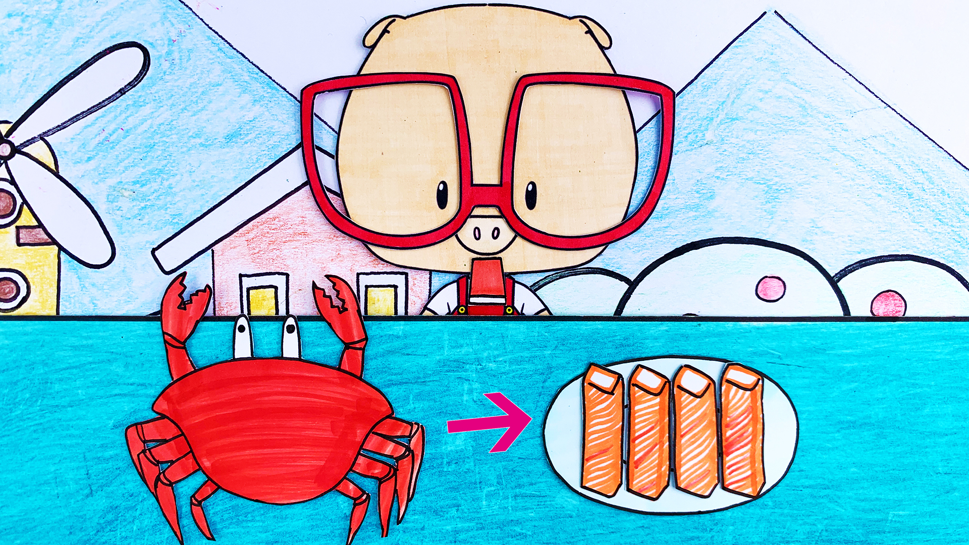 童画镇手绘定格动画 手绘定格动画:红眼镜猪猪螃蟹吃太多啦,用螃蟹