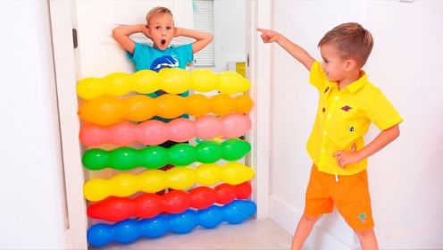 尼基兄弟：弗拉德和尼基玩气球游戏，用气球建造了墙和桥洞~1