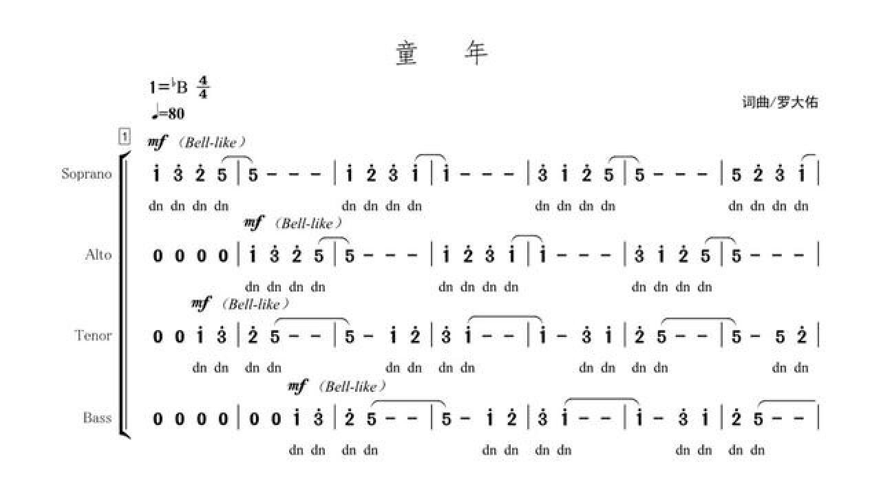 混声合唱《童年》男低动态谱 