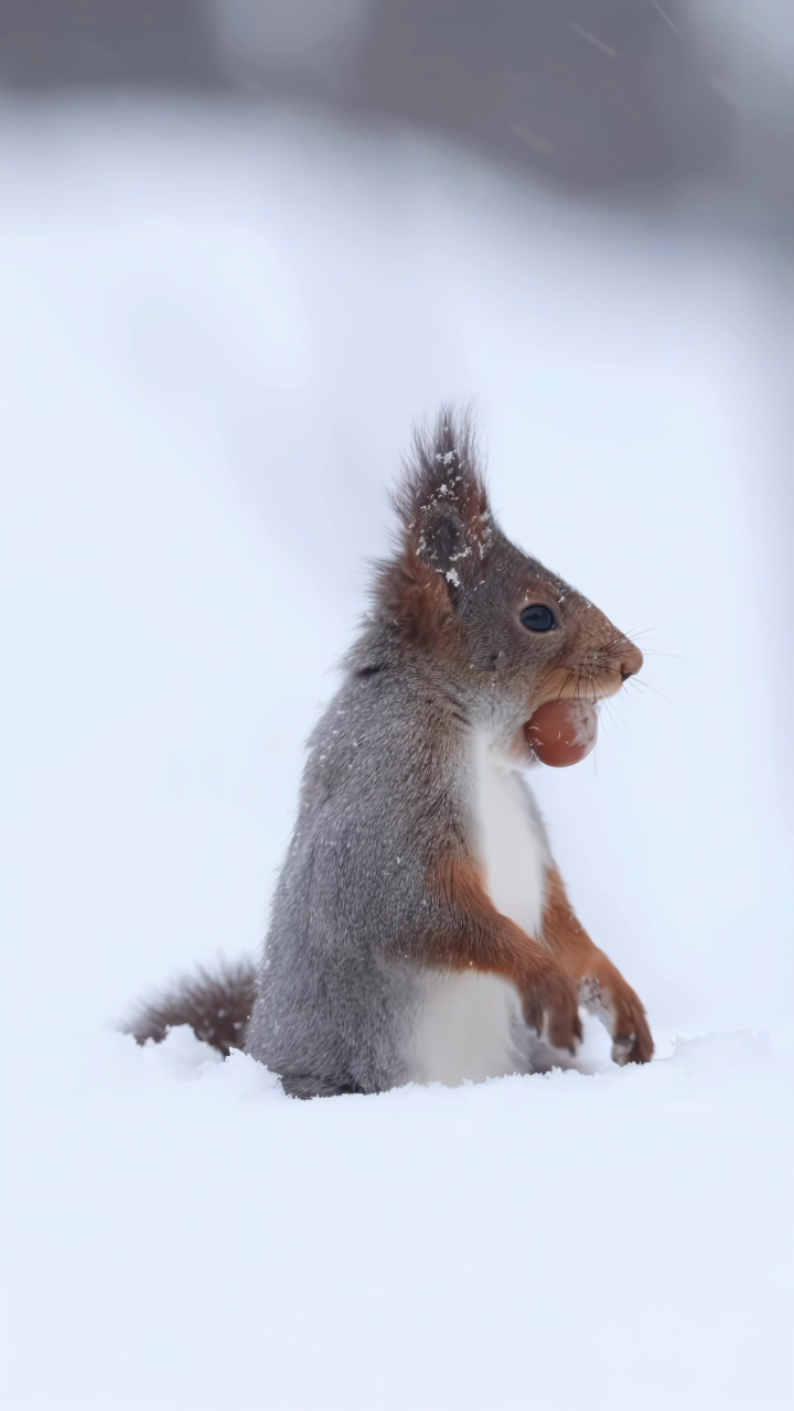 雪地松鼠终于找到它藏在雪中的坚果了