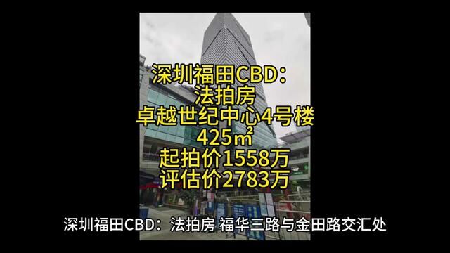 深圳福田CBD: 法拍房 卓越世纪中心4号楼 425㎡ 起拍价1558万 评估价2783万