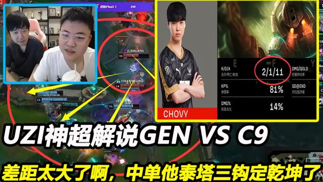 英雄联盟:UZI神超解说GEN VS C9,差距太大了啊,中单他泰塔三钩定乾坤了