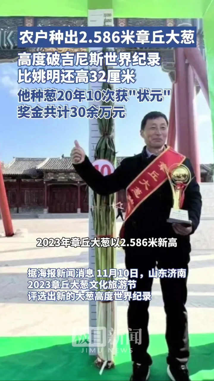 586米章丘大葱,高度破吉尼斯世界纪录,他种葱20年10次获"状元",拿到