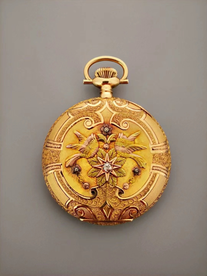 古董怀表:美国华生waltham怀表,14k彩金猎壳46㎜表径,珐琅嵌金盘蓝钢