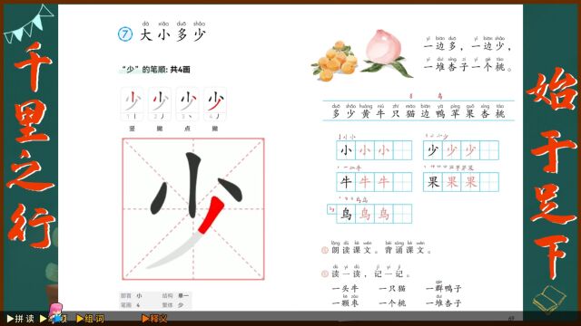 “少”字学习,小学一年级语文课本《大小多少》生字学习