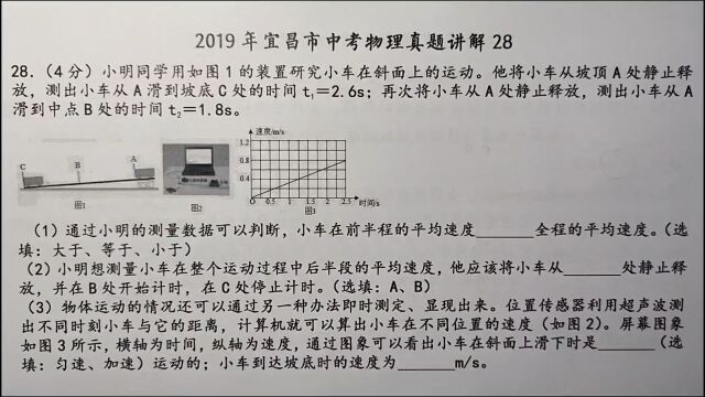 2019年宜昌中考物理28:小明探究小车在斜面的运动,回答下列问题