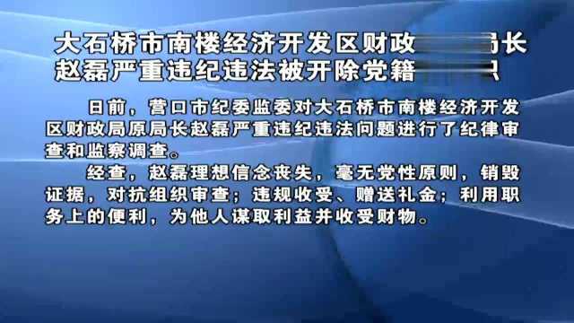 大石桥市南楼经济开发区财政局原局长赵磊严重违纪违法被开除党籍和公职