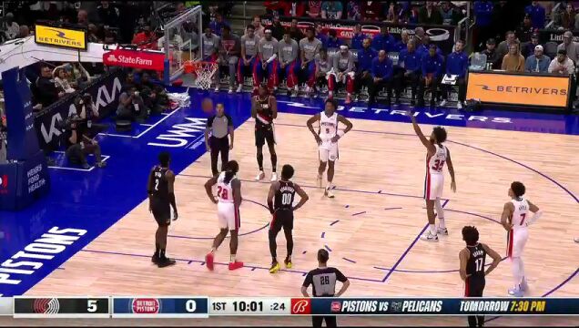 NBA常规赛：开拓者vs活塞第1节中文解说回放