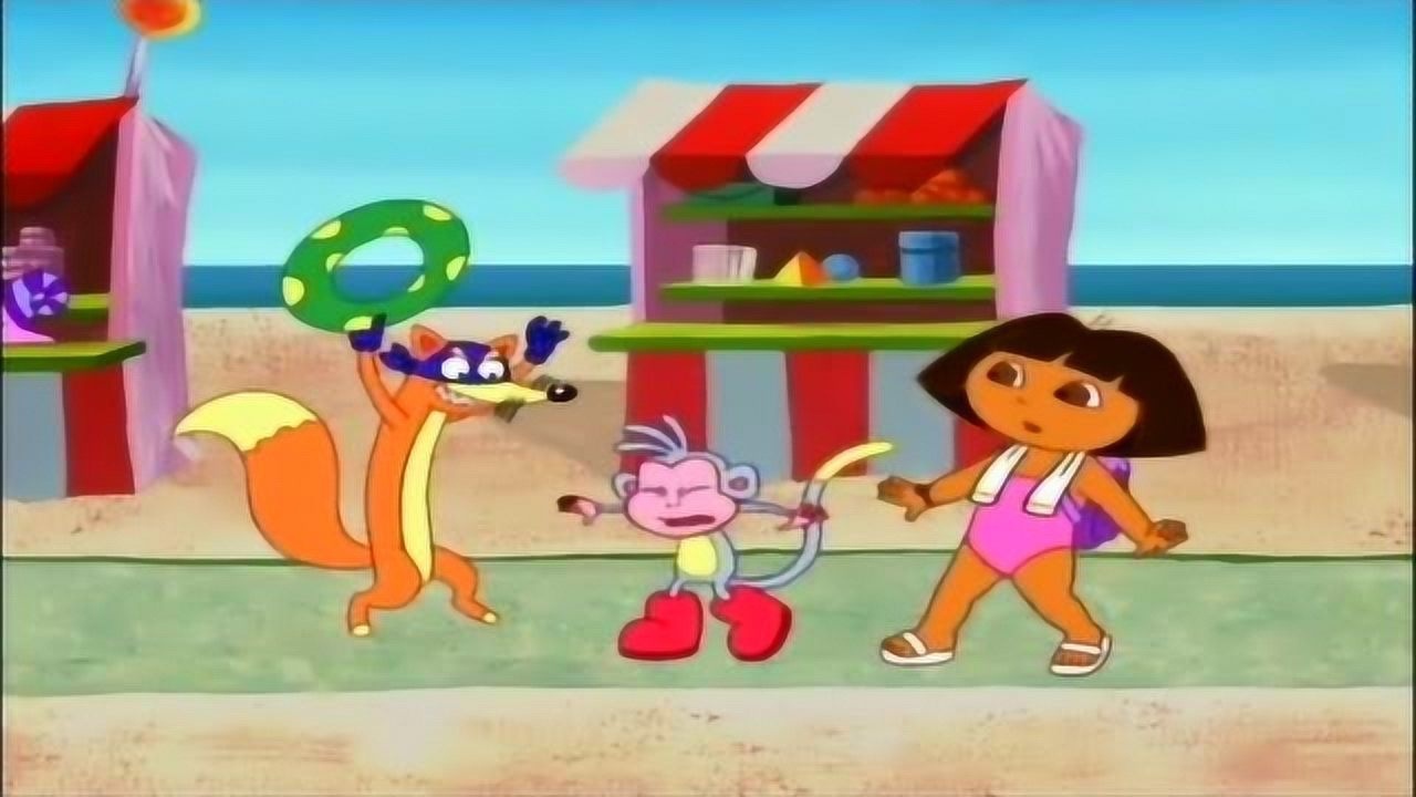 爱探险的朵拉捣蛋鬼狐狸一下子就把救生圈抢了过来