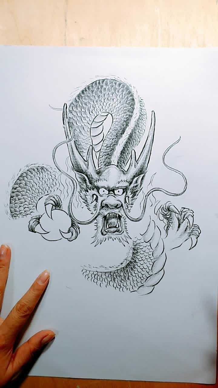 黑色彩铅画画中国龙