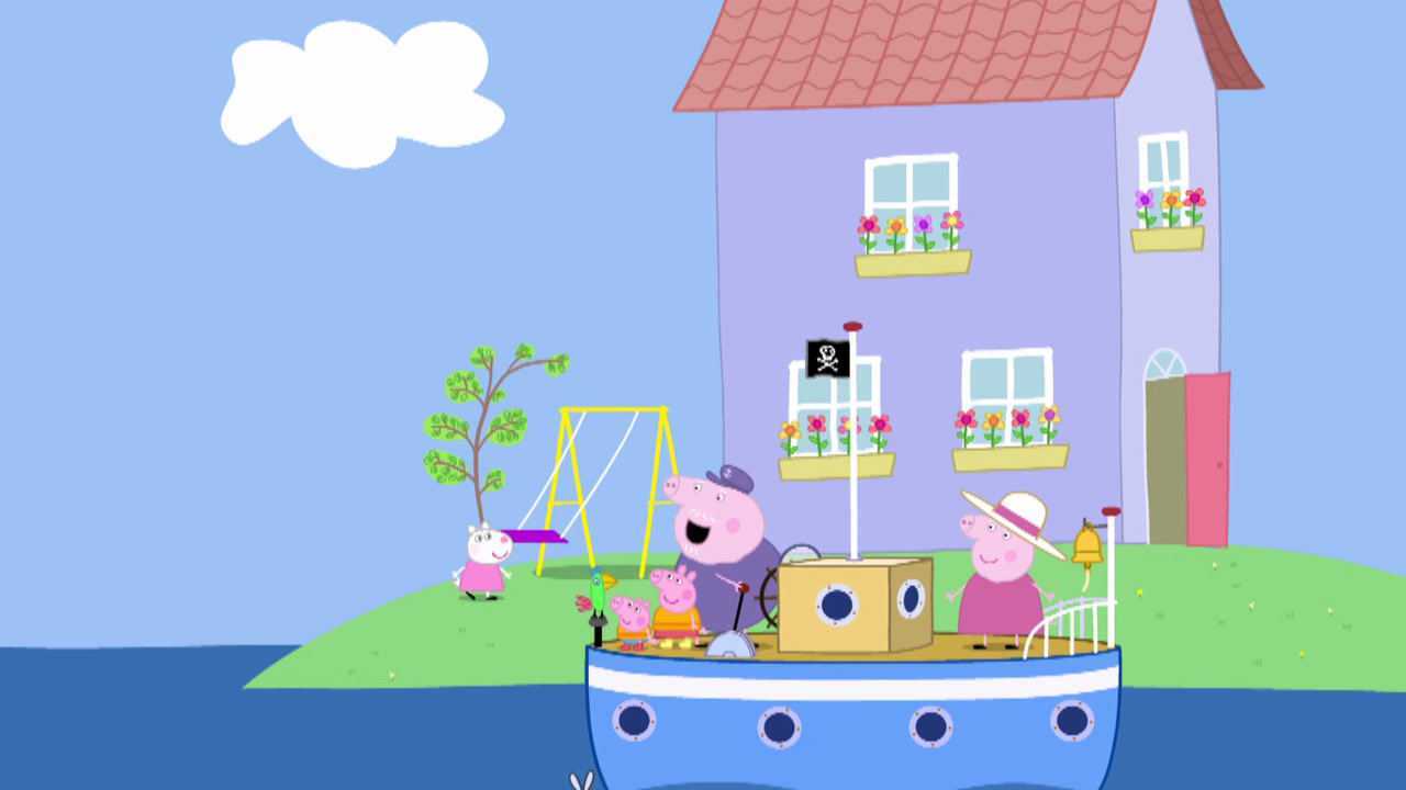 小羊苏西家被海水包围了,小猪佩奇和猪爷爷开着船来接她啦