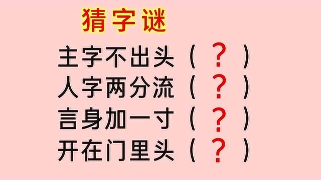 四个字谜:主字不出头,人字两分流,言身加一寸,开在门里头?