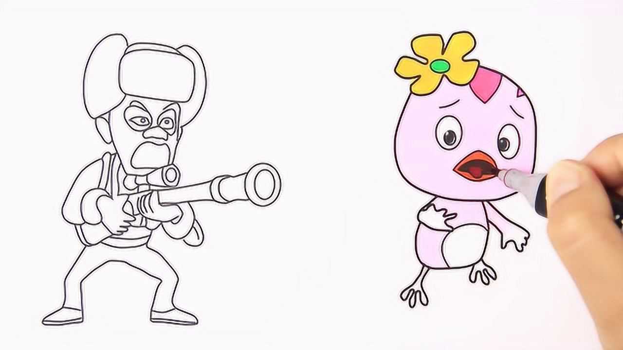 熊出没 萌鸡小队的朵朵遇到了拿着枪的光头强 简笔画