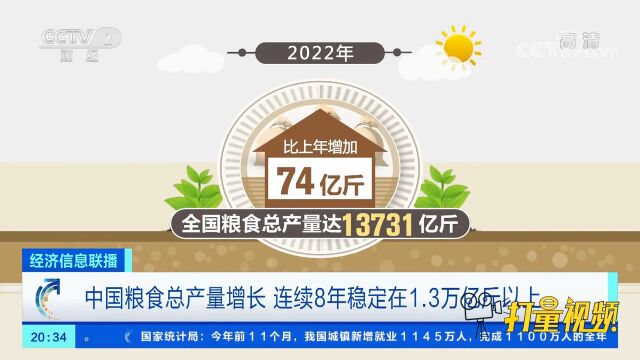 中国粮食总产量增长,连续8年稳定在1.3万亿斤以上