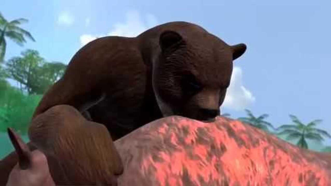 恐龙战争:短面熊vs披毛犀,水塘大战