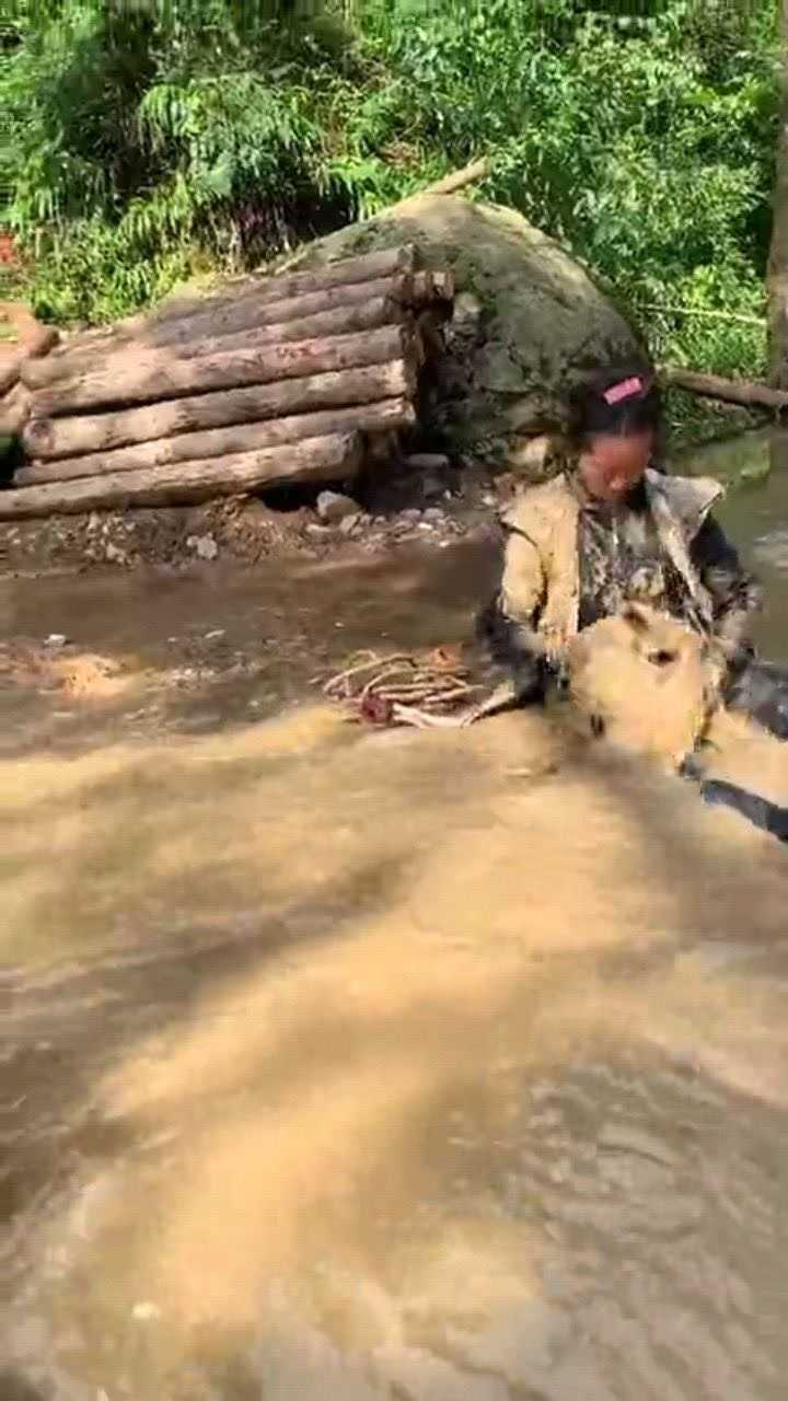 小姐姐上山摔一身泥直接坐在河水里洗怕妈妈看到担心