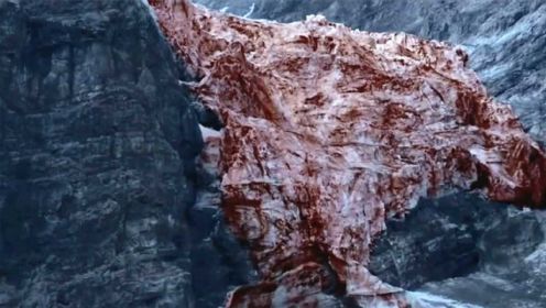 未来世界冰川融化，山体被染成血红色，原来是里面的远古细菌