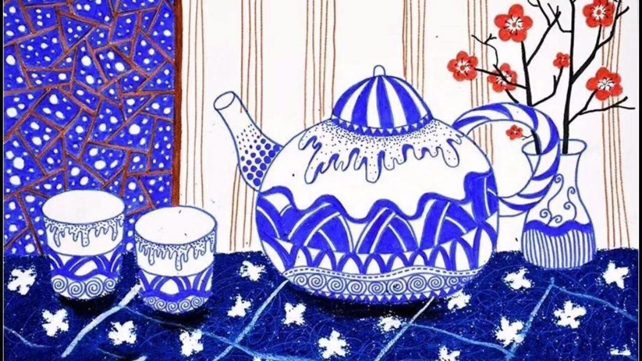 少儿美术创意绘画《线描青花瓷茶壶》