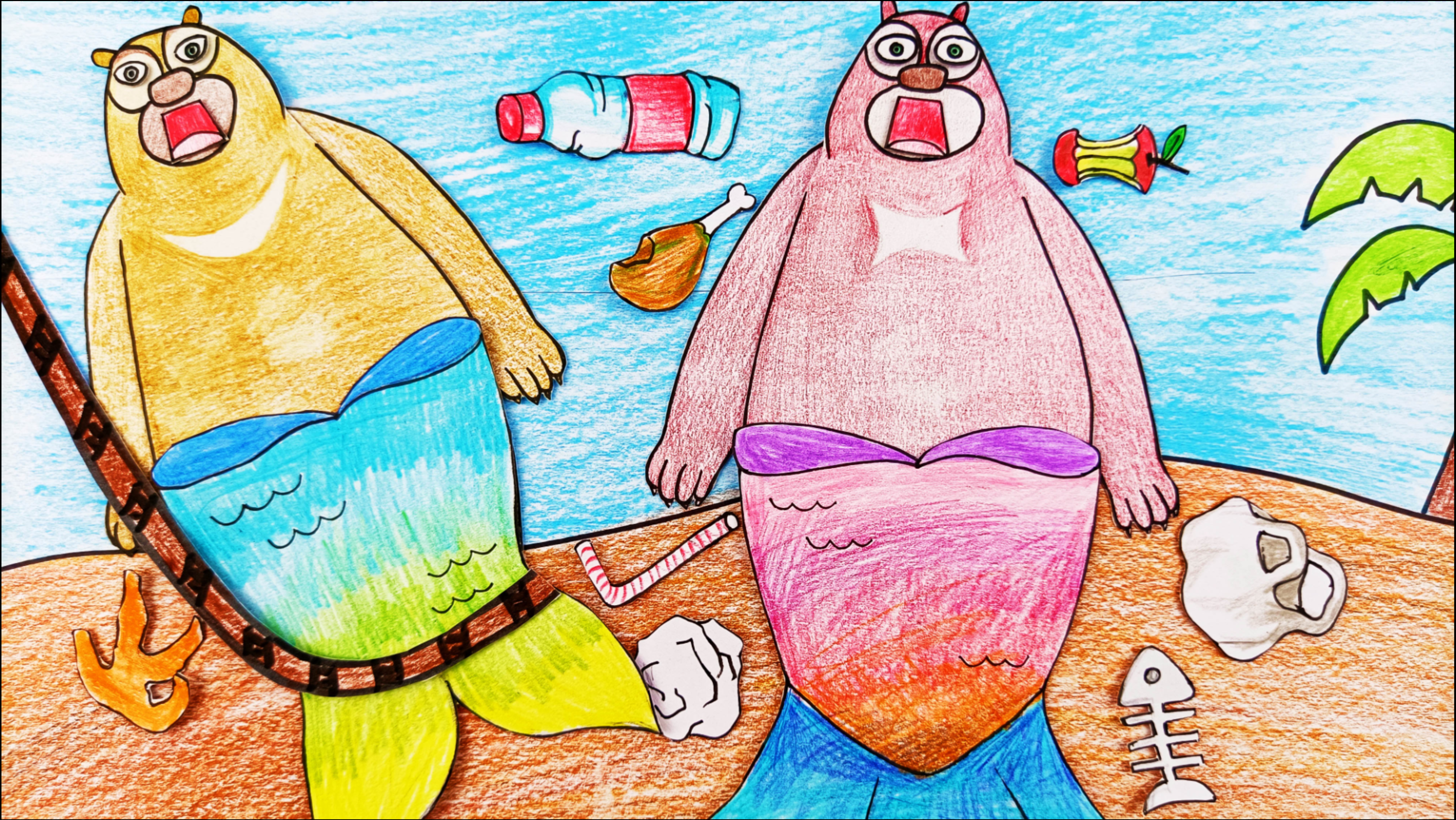 童画镇手绘定格动画 手绘定格动画:大海上好多垃圾,熊大熊二变身