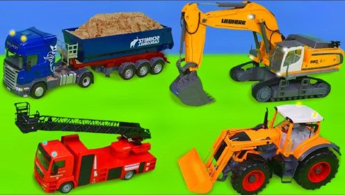 儿童趣味玩具：挖掘机、拖拉机、警车和消防车儿童玩具汽车