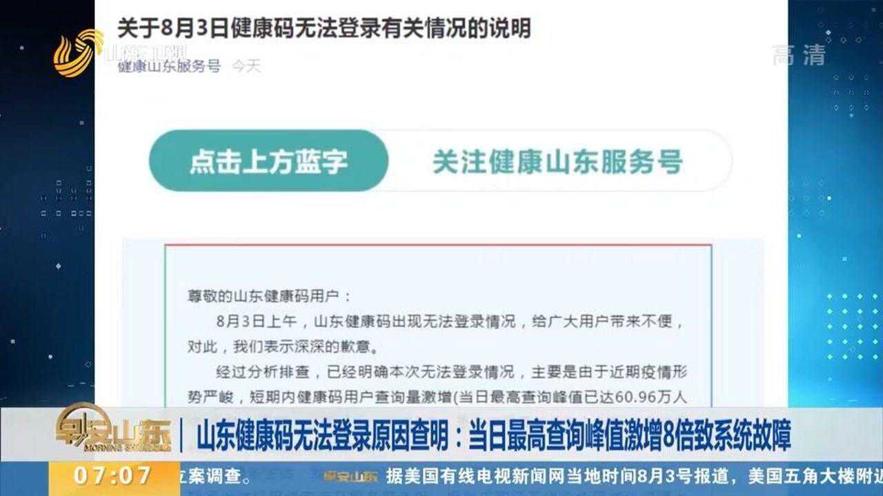 山东健康码无法登录?原因找到了!系当日查询量激增导致系统故障腾讯视频}