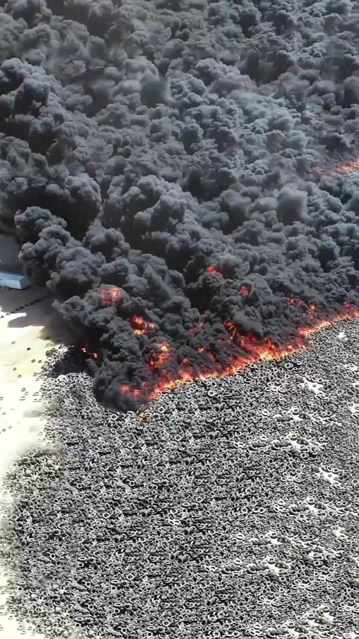 科威特最大废弃轮胎失火燃烧,浓烟滚滚遮天蔽日,这真的是人类灾难