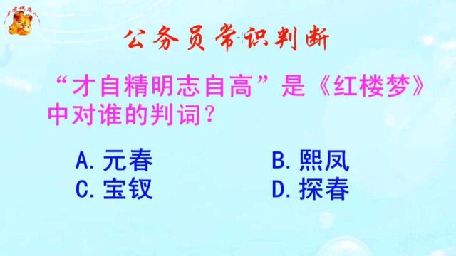 公务员常识判断,“才自精明志自高”是《红楼梦》中对谁的判词?